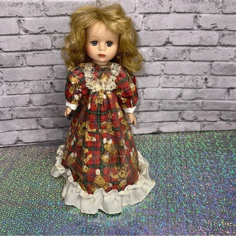 Christmas Tree Topper Porcelain Doll 12 in Blonde Hair Plaid Teddy Bear Dress